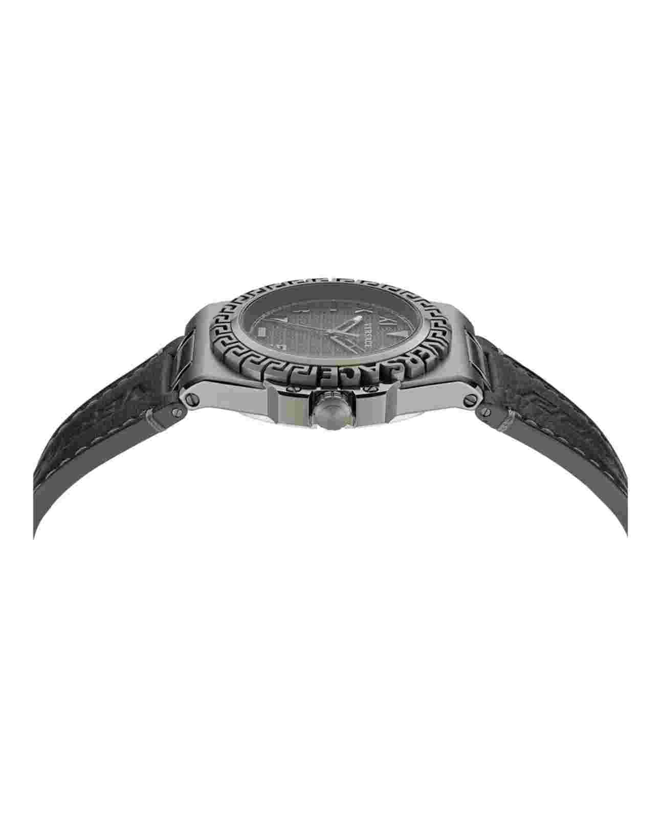 Versace Mens IP Gunmetal 44 mm Greca Reaction Strap Watch VE3I00322