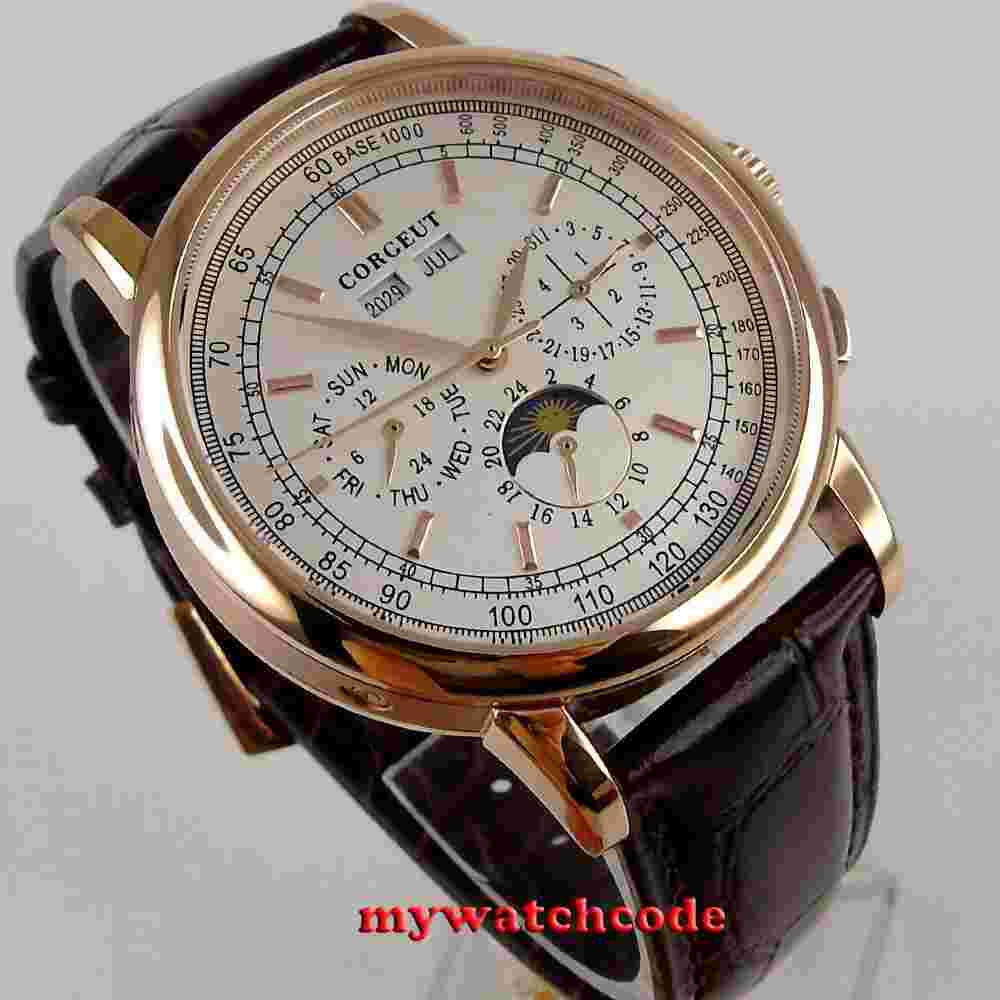 42mm Corgeut white dial day night sea-gull automatic mens Watch rose golden case