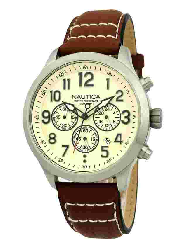 Nautica NAI14517G Multifunction Chronograph Brown Leather Strap Watch