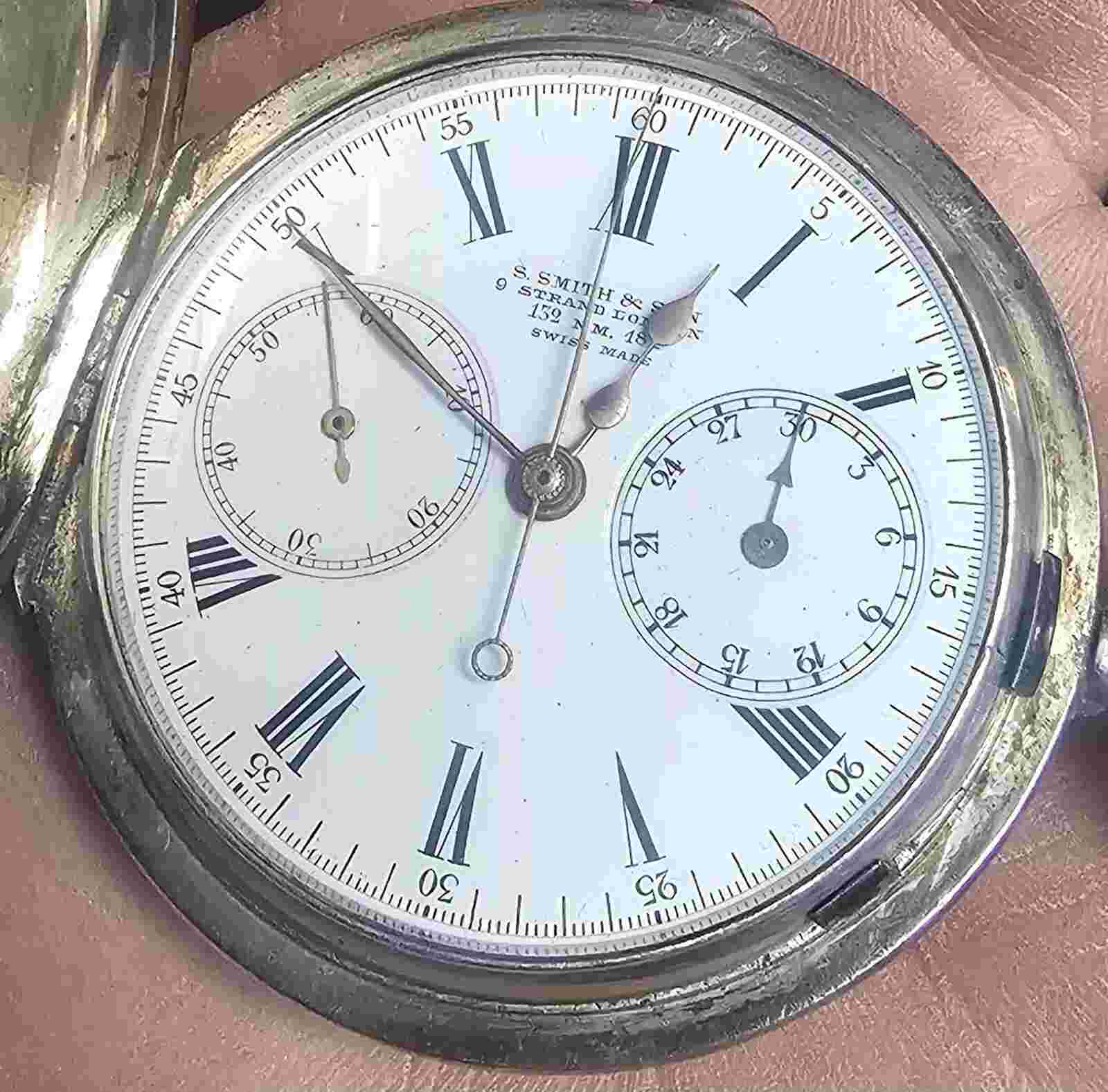 Smith & Son Sterling Silver Hunter Case Chronograph Pocketwatch