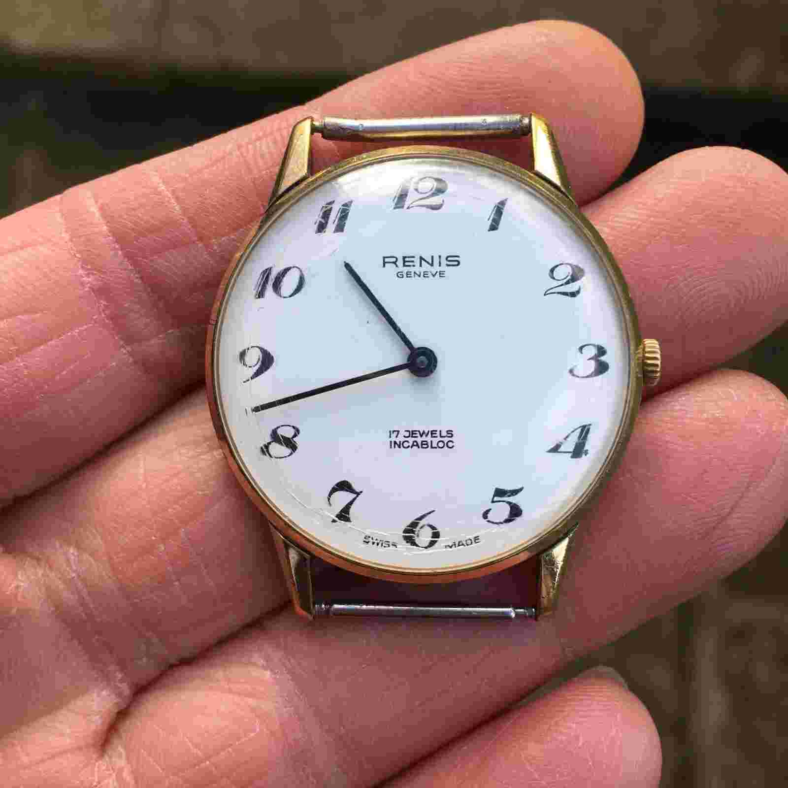 Vintage 1960's Renis Geneve breguet numbers dial 17J incabloc watch - runs/stops