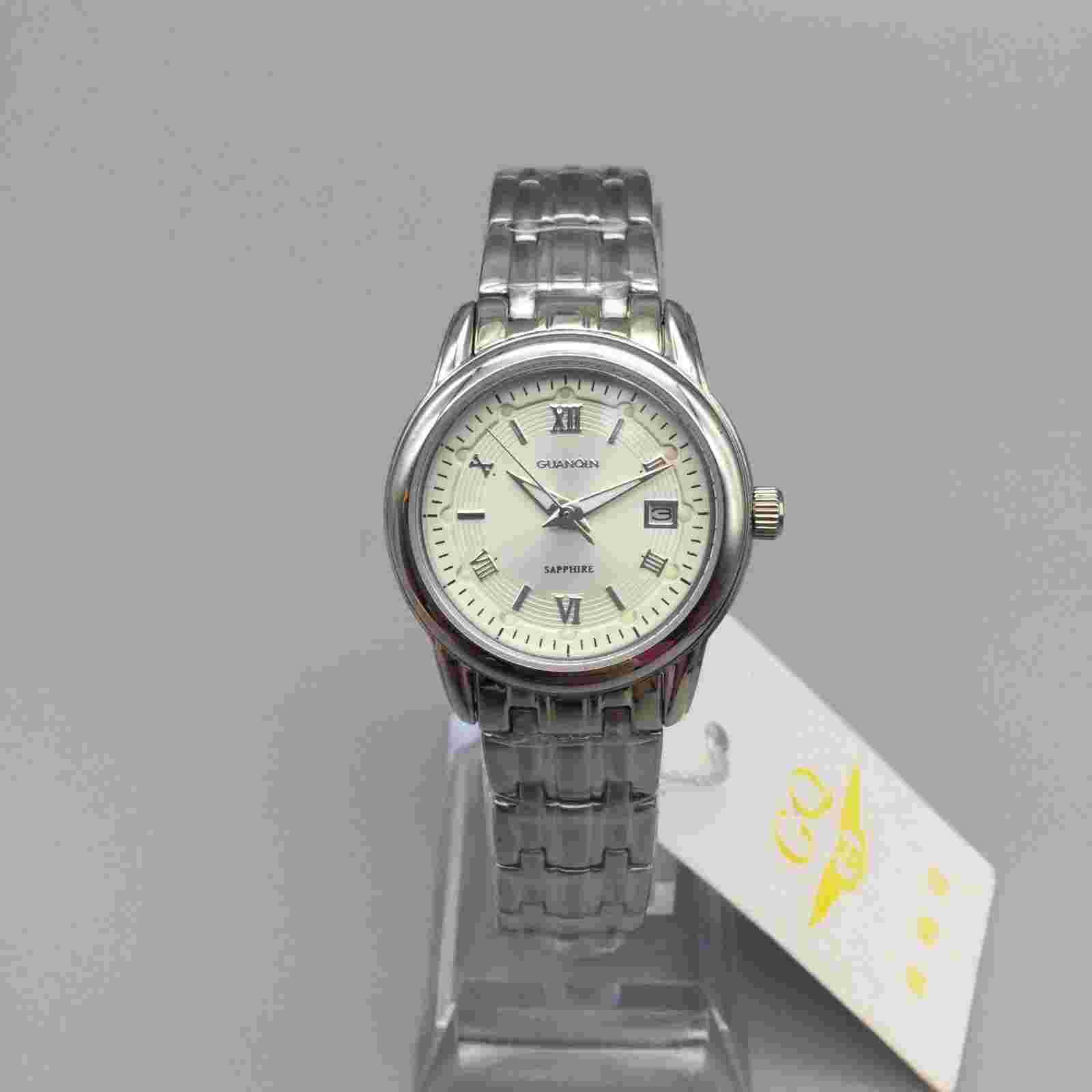 Guanqin Sapphire Watch Women Silver Tone Date 28mm Tags New Battery 7"
