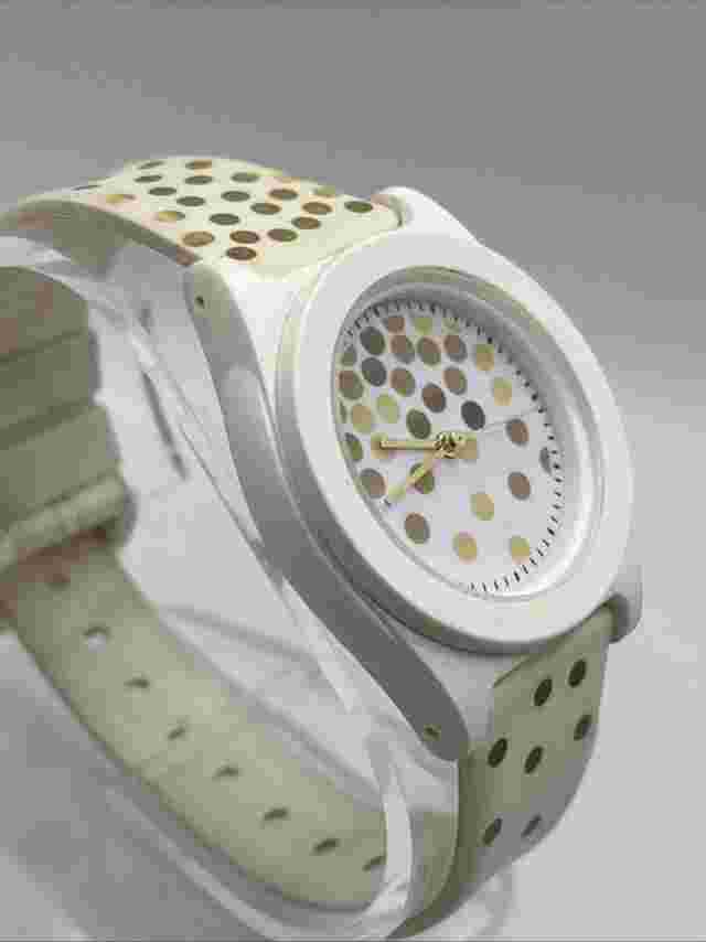 No Boundaries Women's Quartz Watch White Band Gold Polka Dots- New Battery