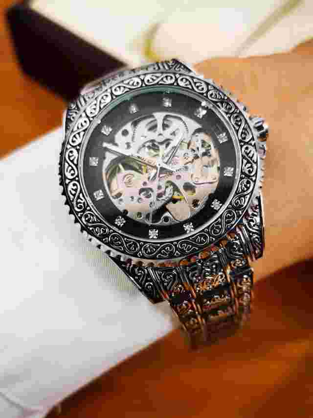 Vintage Skeleton Automatic Watch, Luminous Hands, StainlessSteel Strap, Gift box