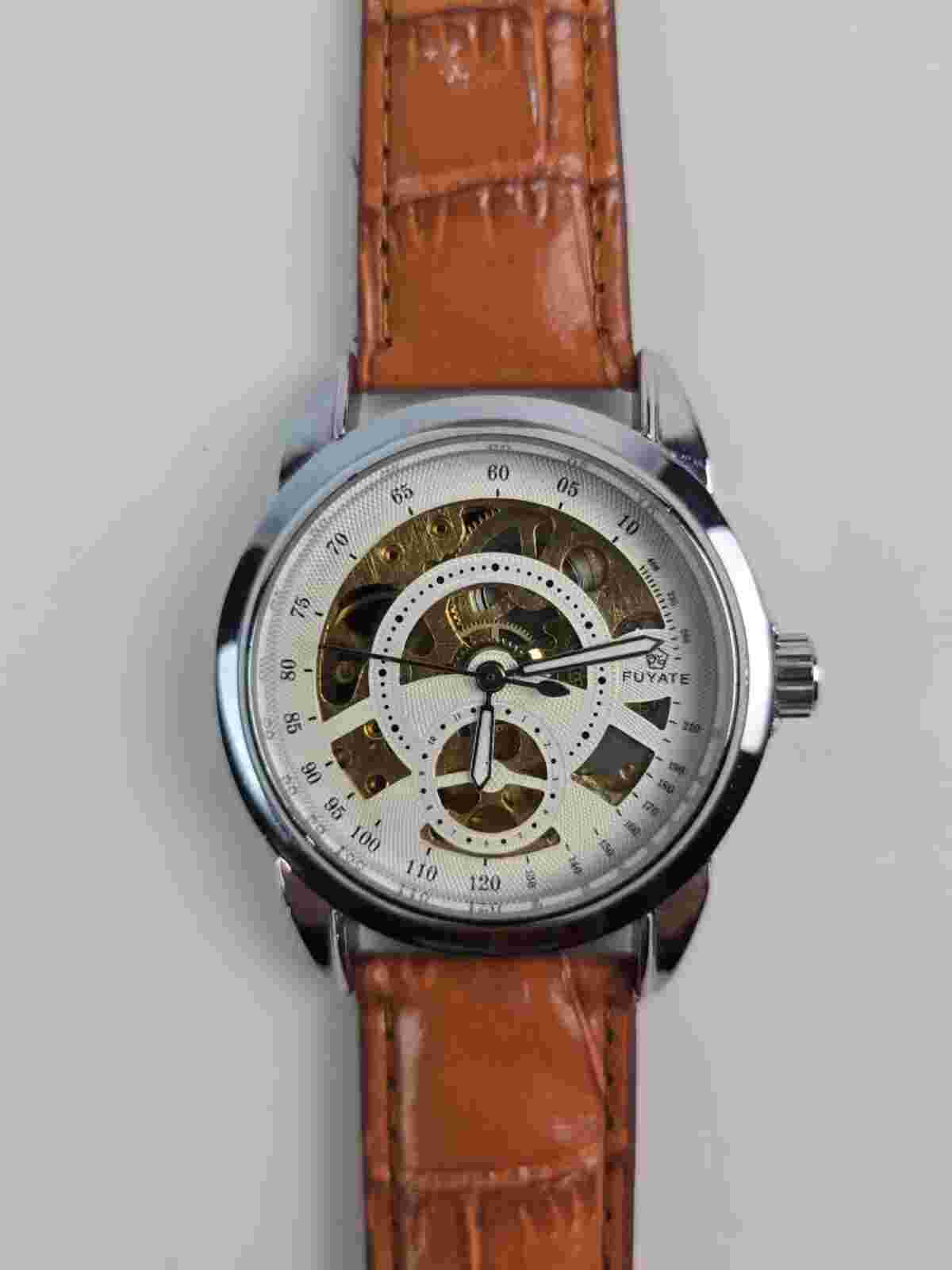 2x Men's Automatic Skeleton Watches 40mm Tan & Black Leather Goer & Fuyate