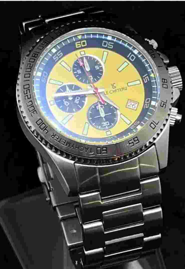 Le CHATEAU Chronograph Men’s 47mm Quartz Watch Date SS Case Bracelet Yellow NEW