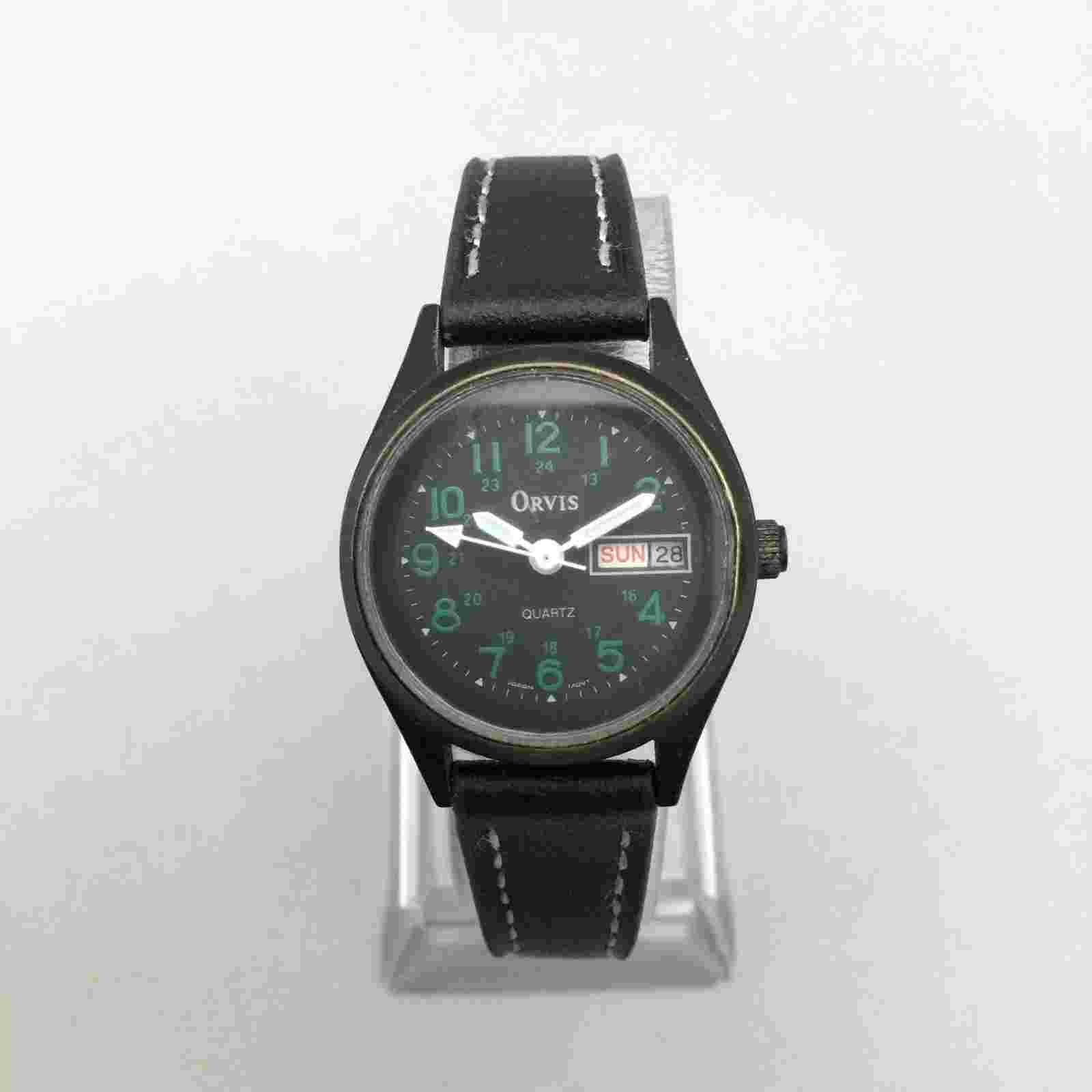 Vintage Orvis Watch Women 24mm Black Tone Day Date Leather Band New Battery