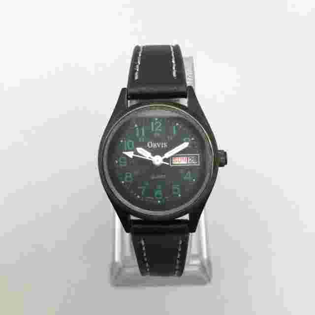 Vintage Orvis Watch Women 24mm Black Tone Day Date Leather Band New Battery