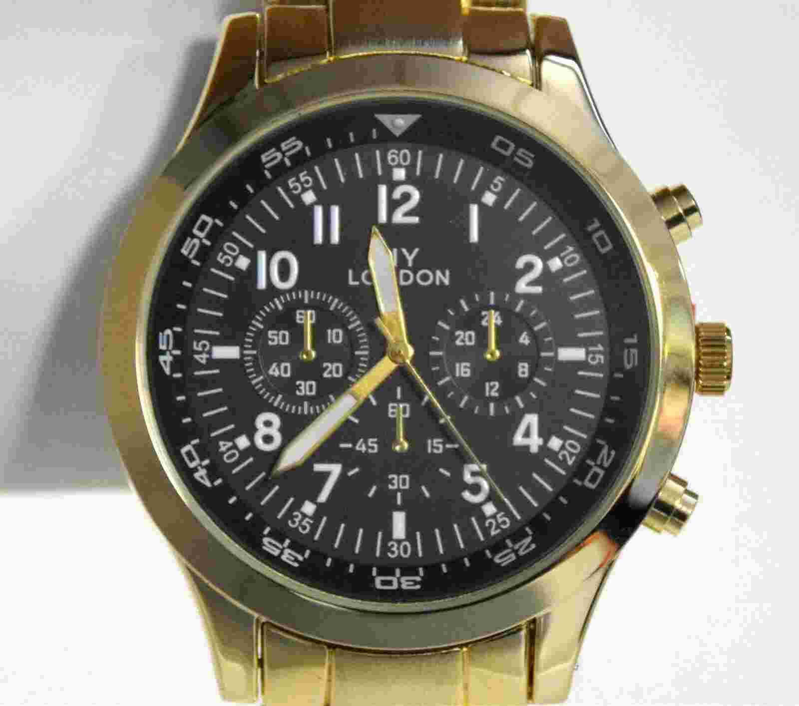 NEW NY London 9449-GDBK Mens Rembrandt Collection Black Dial Gold IP Metal Watch