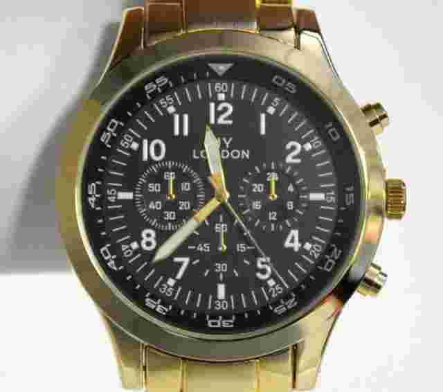 NEW NY London 9449-GDBK Mens Rembrandt Collection Black Dial Gold IP Metal Watch