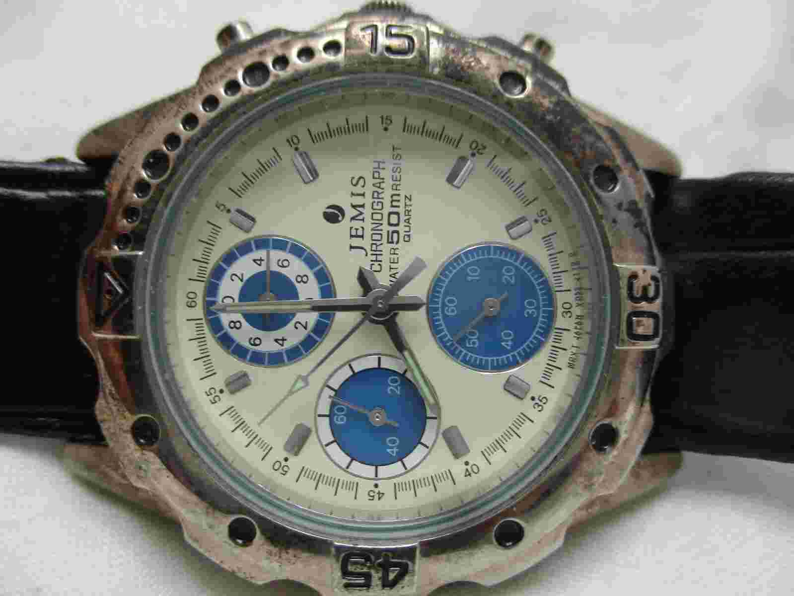 Jemis Chronograph Watch Wr 50m Silver Tone Black Leather Buckle Band