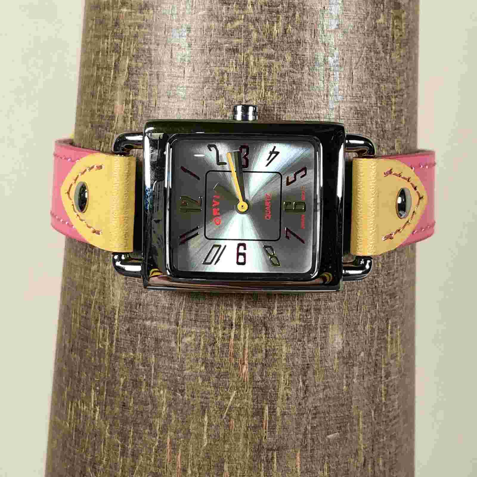 Orvis Women Silver Tone Yellow Pink Leather Strap 24mm Tank Quartz Watch 6 1/2"