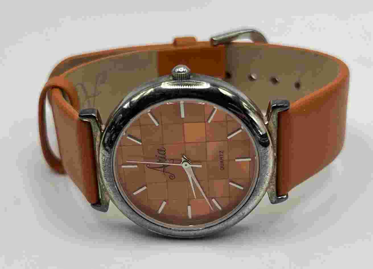 Aria Watch Women Sterling Silver Round Orange MOP Dial Leather Band