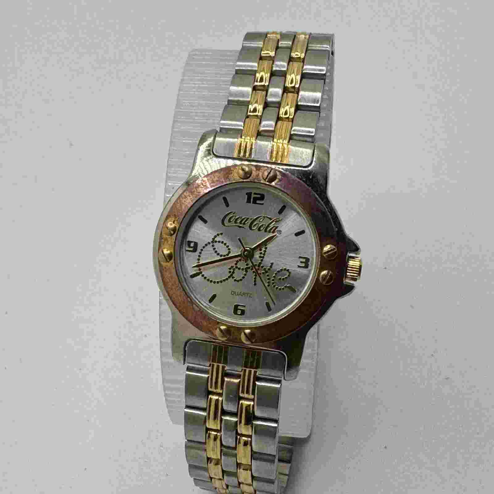 VTG Coca Cola Quartz Watch Women Dual Tone Japan Movt Analog New Battery 7.5"