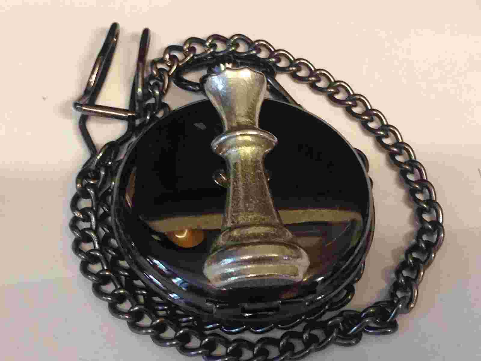 Chess Queen GT24 Pewter on a Black Pocket Watch Quartz fob