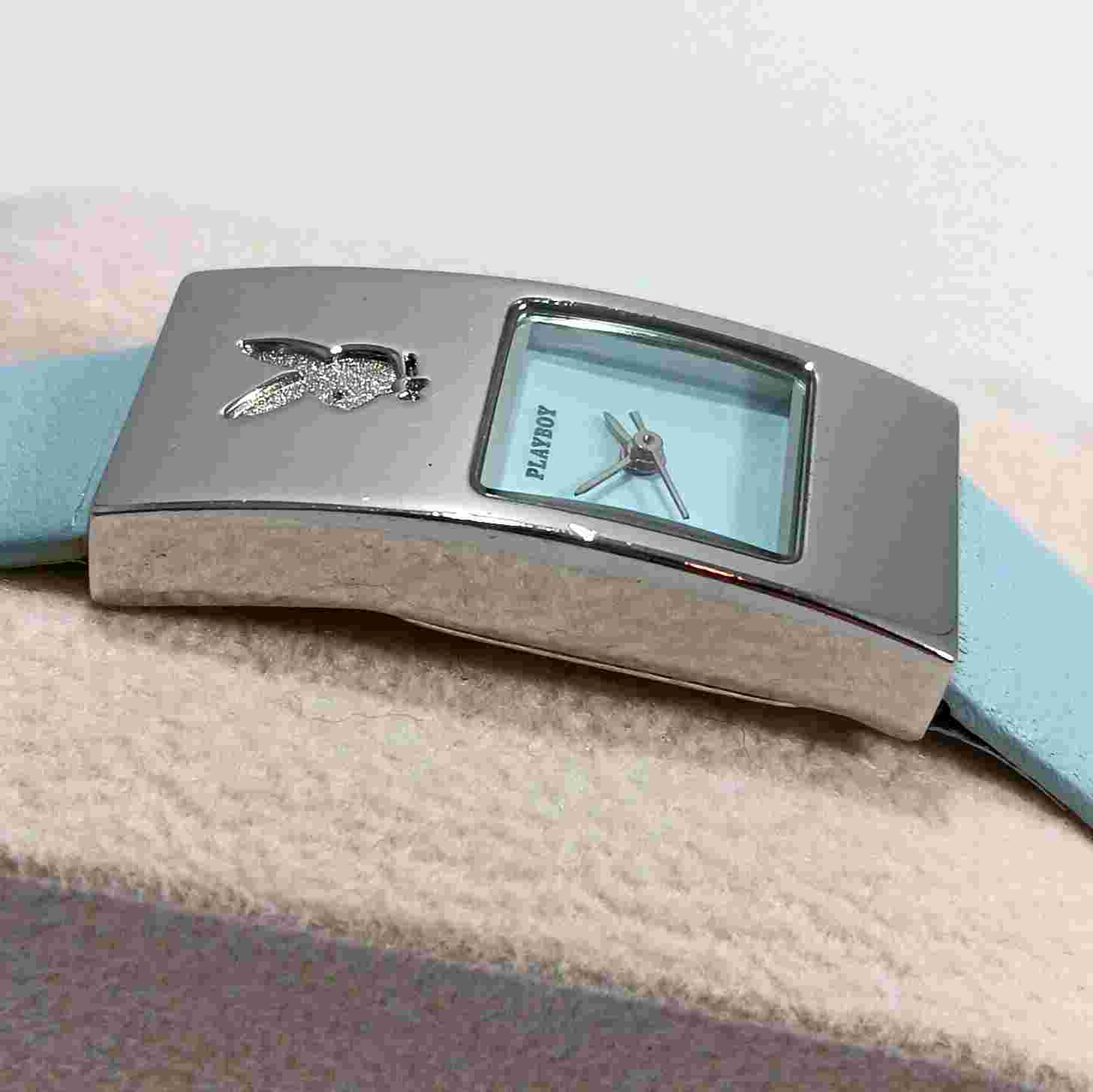 Vintage Playboy Ladies Watch *Rare* Bunny Logo 19mm SS Baby Blue Dial and Strap