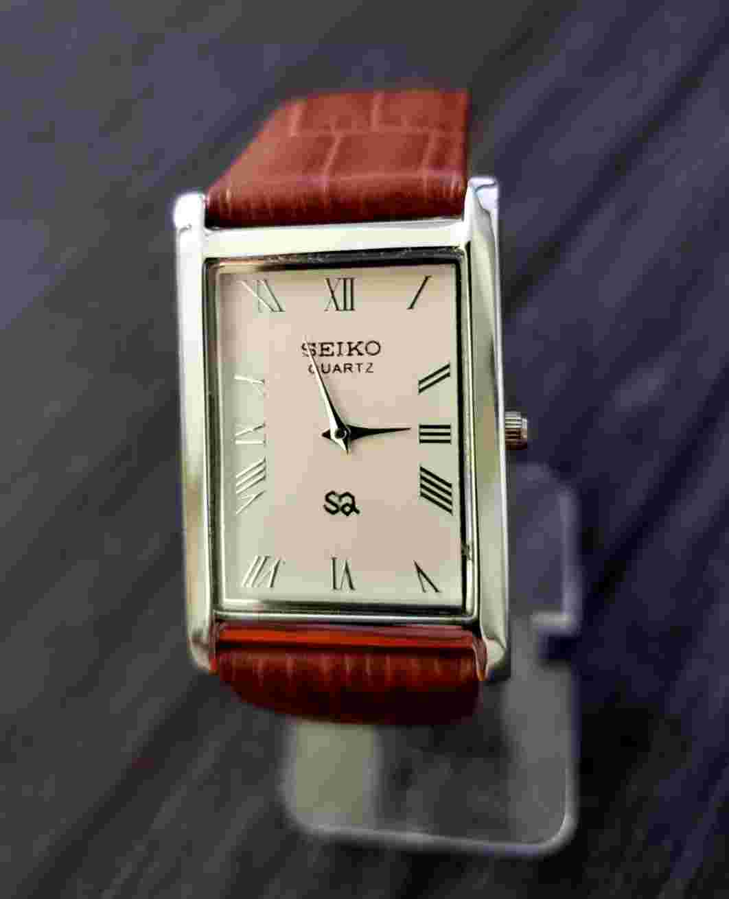 RARE NOS Men Tank Rectangular White Dial Brown band Dress Watch New Mvt & Batt*