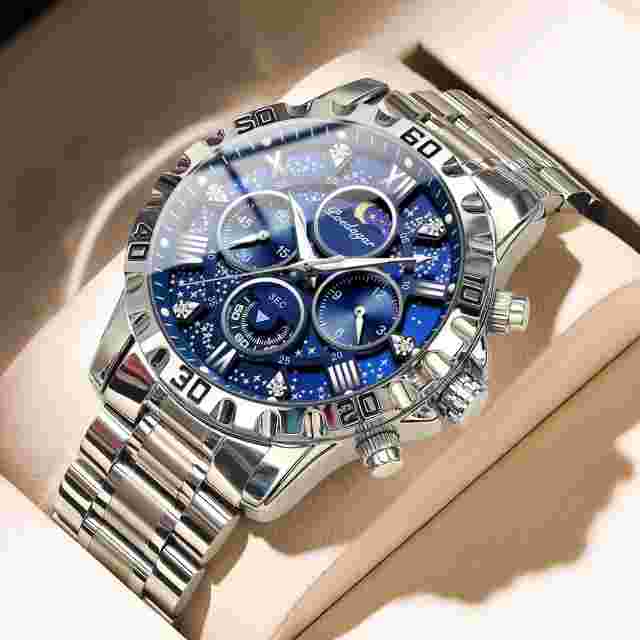 Reloj de Hombre con Caja de Acero Inoxidable Suizo Plateado Azul Elegantes