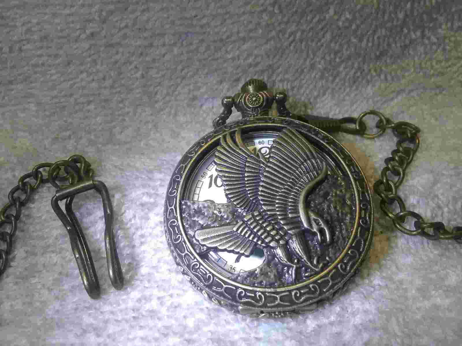 See Through Bald Eagle Gold Engraved Pocket Watch White Dial New Bat Works Great