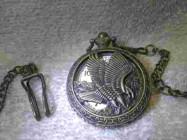 See Through Bald Eagle Gold Engraved Pocket Watch White Dial New Bat Works Great