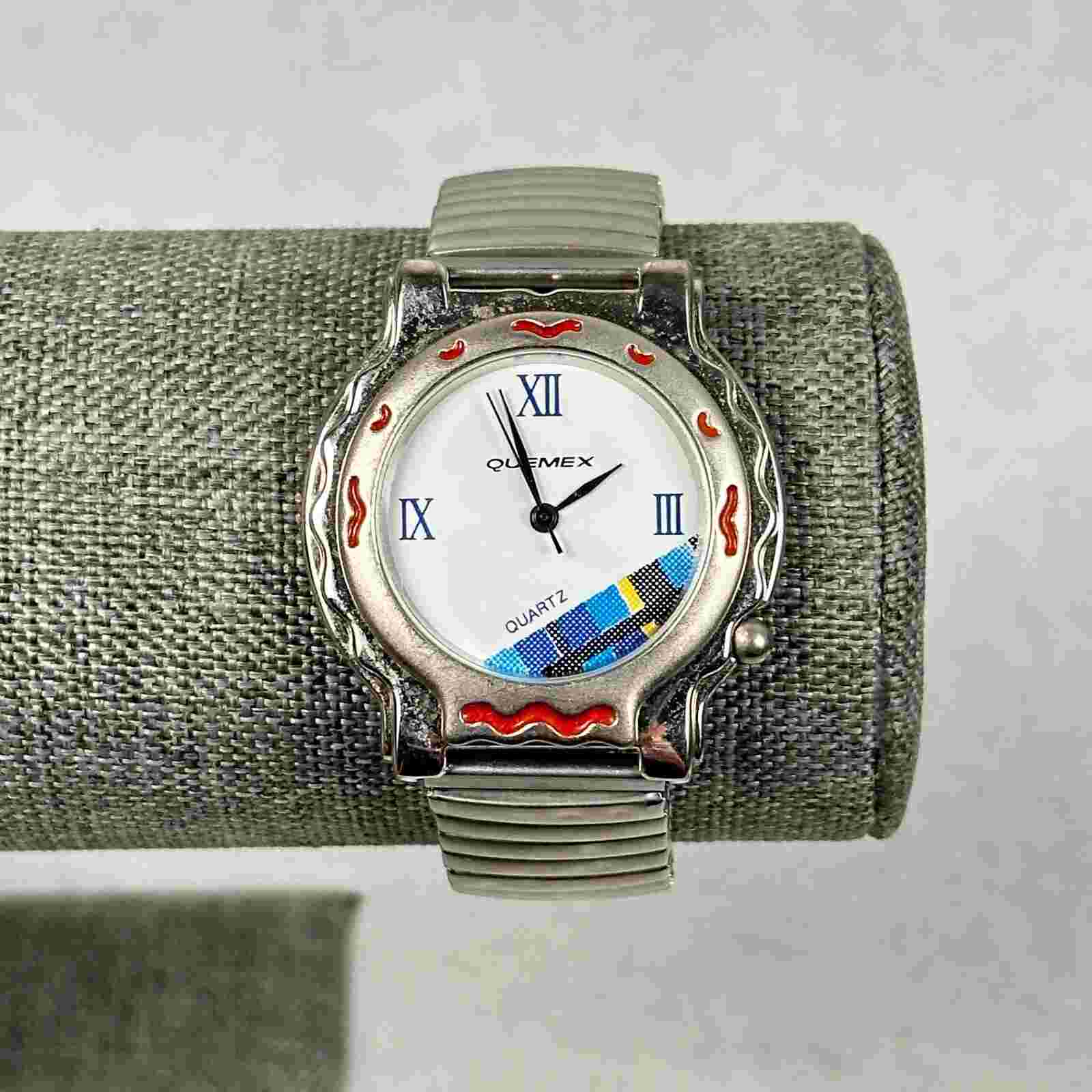 VTG Quemex Watch Mens 35mm Round Aztec Southwestern Silver Tone New Battery