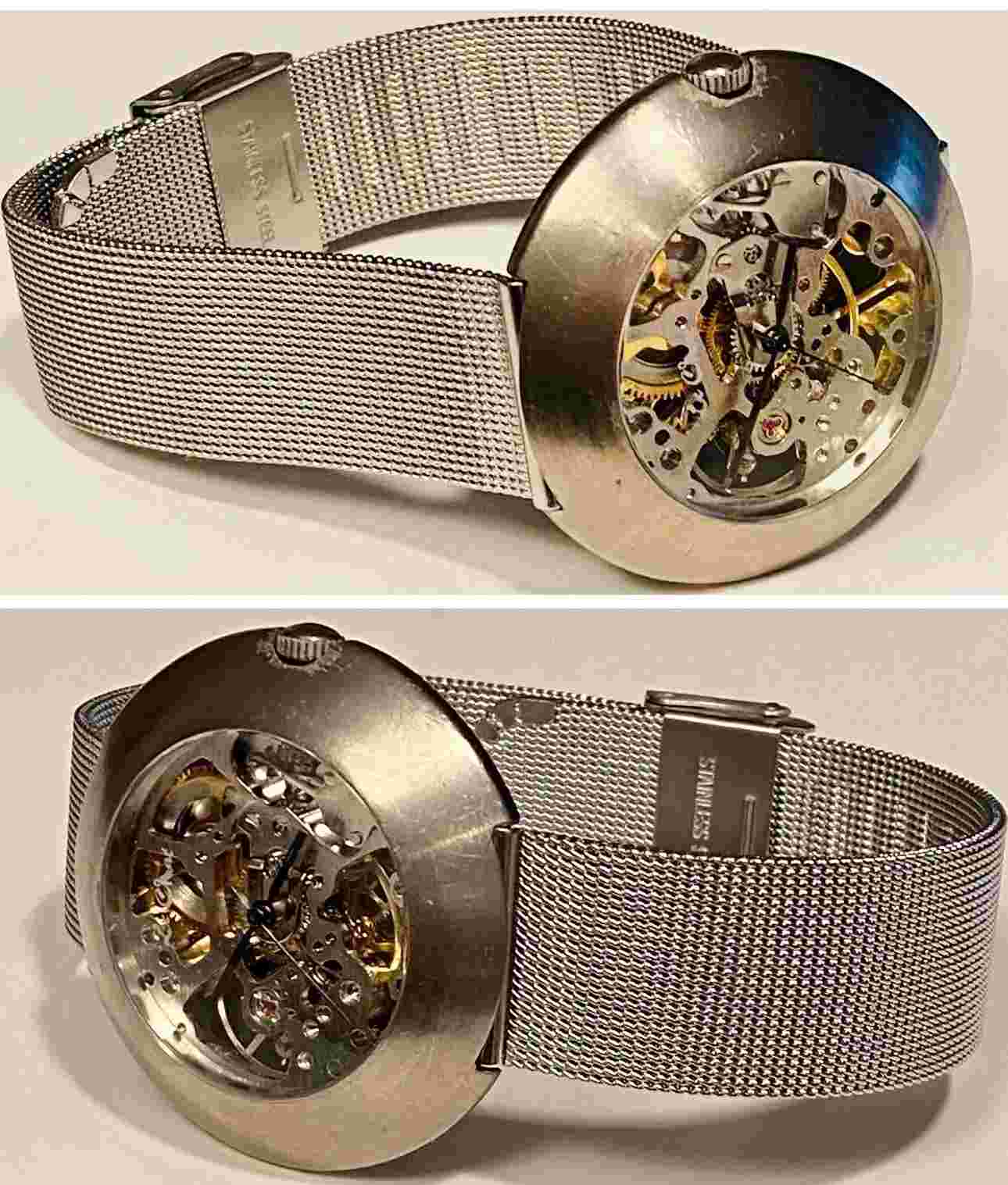 40mm Skeleton Mechanical Silvertone Mesh Adjustable Strap LE CHAT Mens Watch