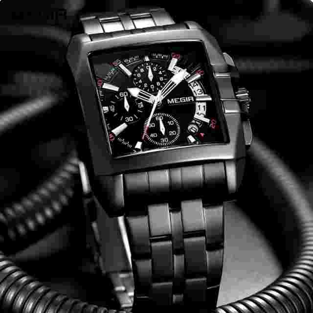 MEGIR Quartz Mens Watch Stainless Steel Chronograph Watch Date Square Watches