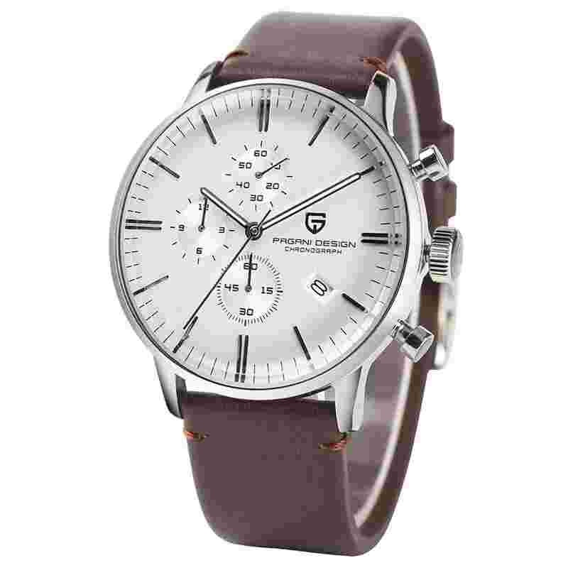 43MM PAGANI DESIGN Mens Chronograph Watch Sports Date Quartz Watches White Dial