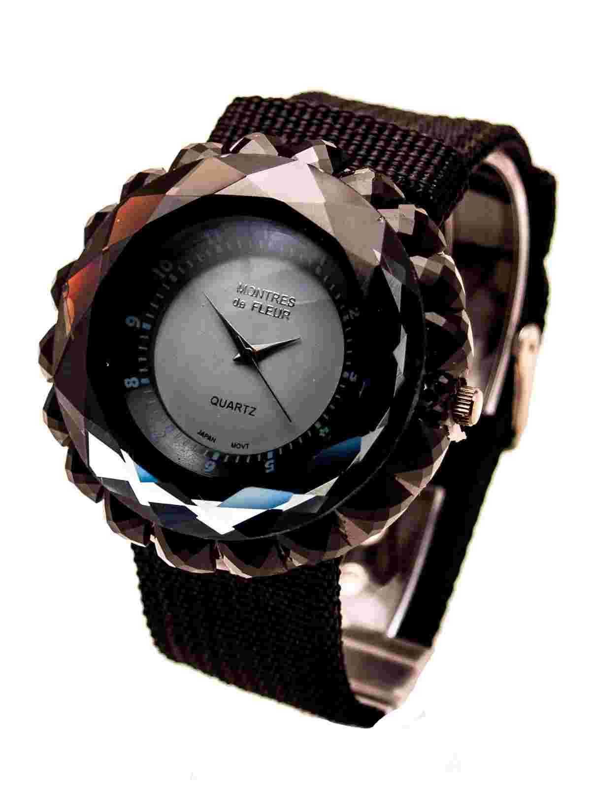 MONTRES de FLEUR:WOMEN'S CANVAS BAND LARGE STONE ROUND CASE ANALOG QUARTZ WATCH