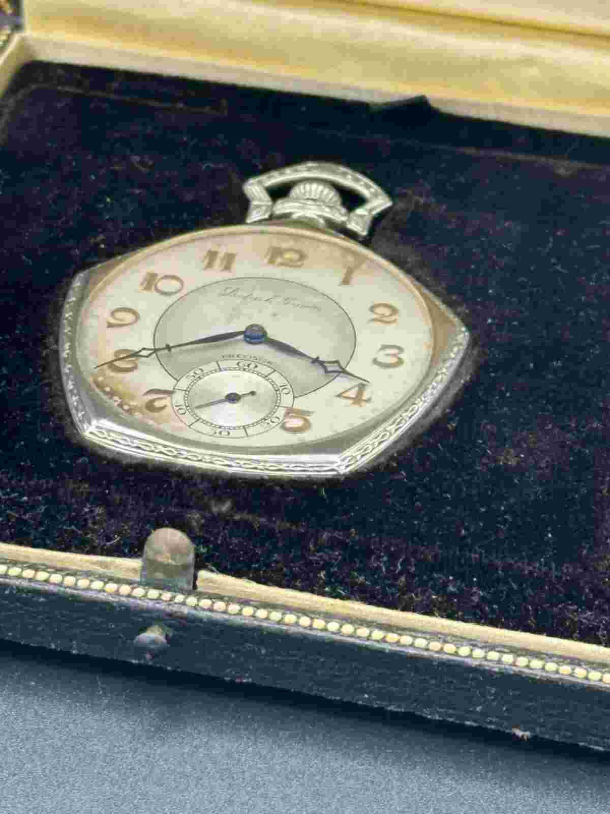 RARE Gruen Pentagon Verithin 18K Gold Pocket Watch 21J with original case