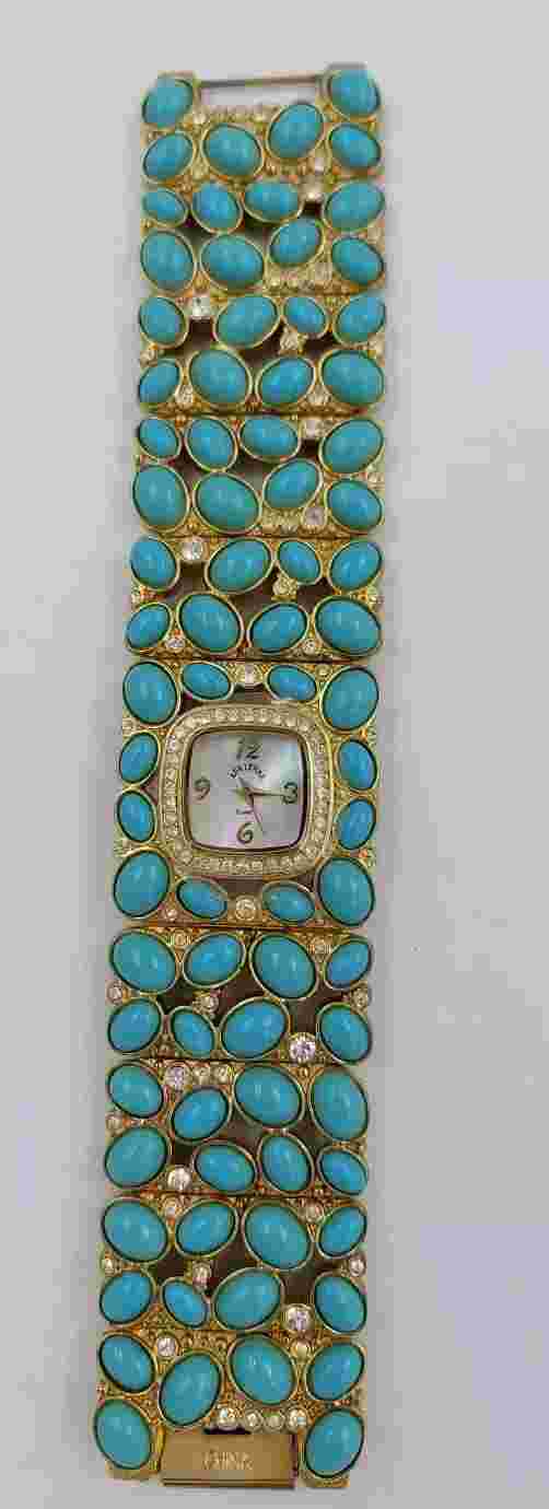 Vintage ADRIENNE Turquoise Watch Pearl Face Rhinestone Gold Bling Bracelet EUC