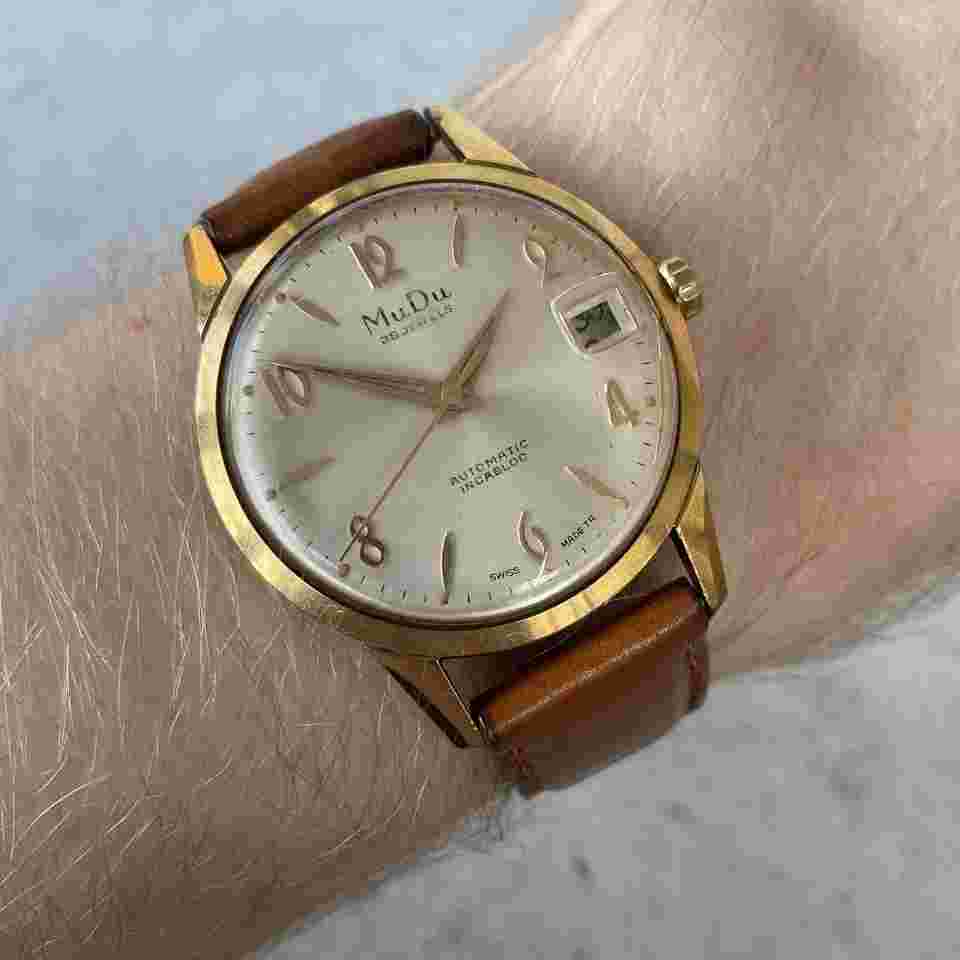 Vintage MuDu Doublematic Automatic Swiss Gold Plated Date Watch - Needs Service