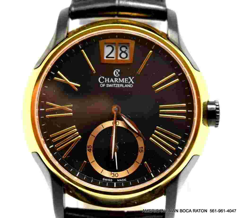 CharmeX Of Switzerland Men Watch Day/Date Sapphire Crystal Leather Strap Day/Dat