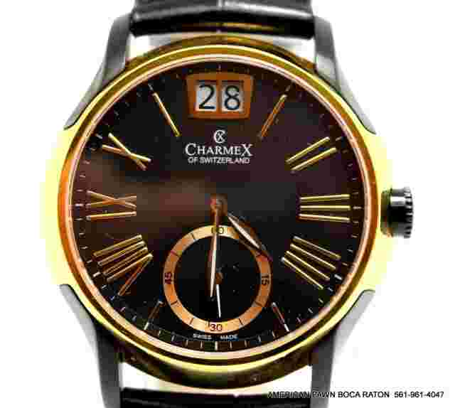 CharmeX Of Switzerland Men Watch Day/Date Sapphire Crystal Leather Strap Day/Dat