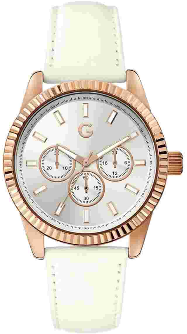 NEW G-BY GUESS ROSE GOLD TONE,WHITE LEATHER BAND,MULTI DIAL WATCH G94059L2