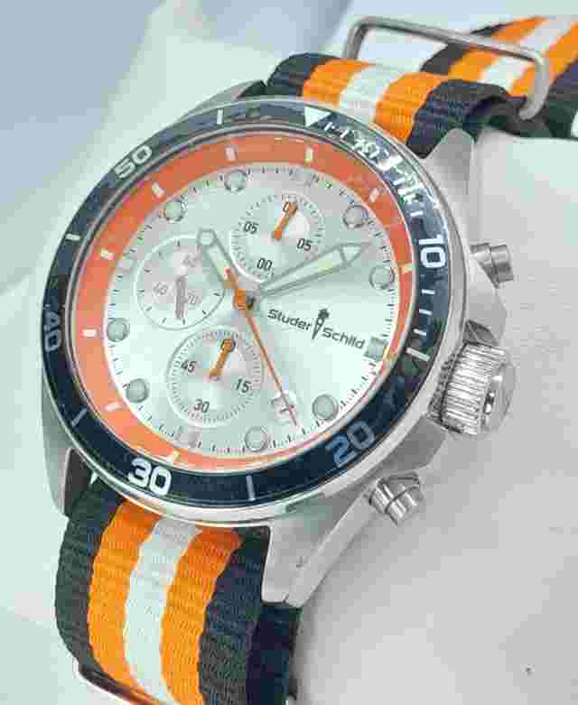 Men Studer Schild Chronograph Morse Watch Silver Steel Case Nato Band Orange