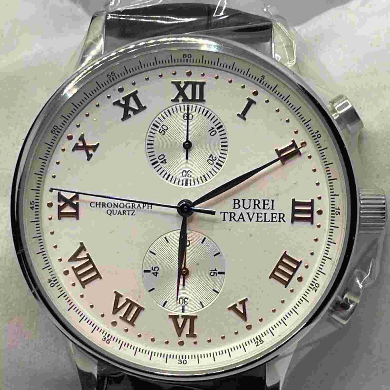 Burei Traveler B-7002M Unisex Black Leather Analog Silver Dial Quartz Watch Cv58