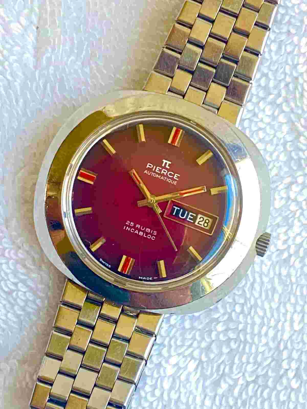 Vintage Pierce Burgundy Automatic 25 Jewels Day Date Steel Swiss Watch Serviced