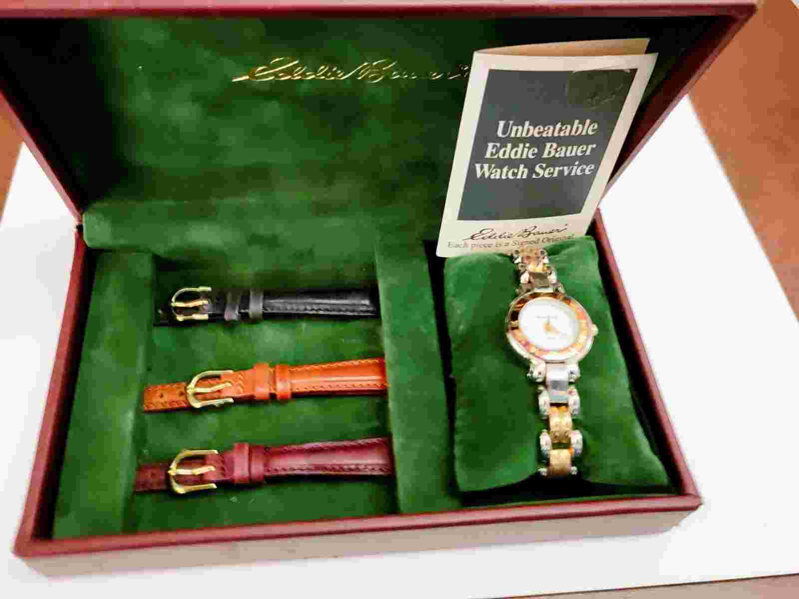 Vintage Eddie Bauer Women's Two Tone Watch w/ Extra Leather Bands NEEDS BATTERY