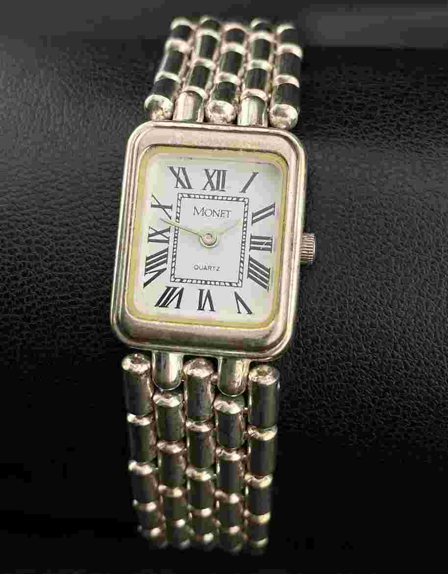 Monet Ladies Silver Tone White Roman Numbers Dial Tank Watch Sterling Silver