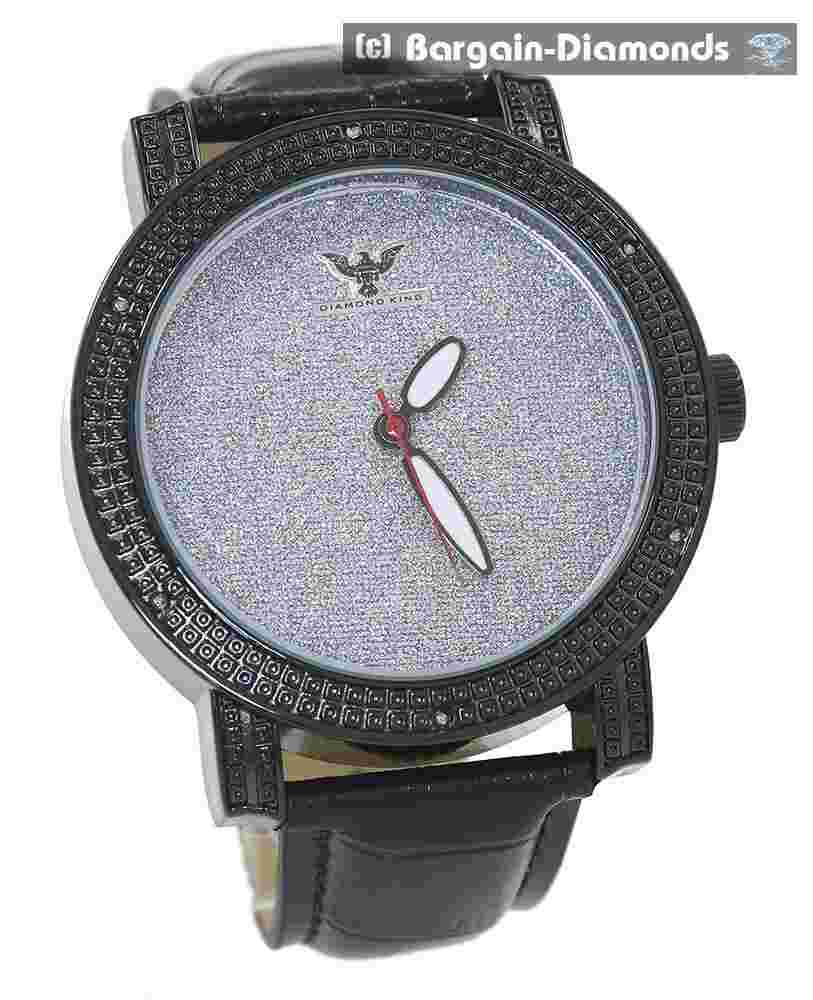 Mens Natural Diamond Black Clubbing Watch Silver Bling Dial 9" Black Strap