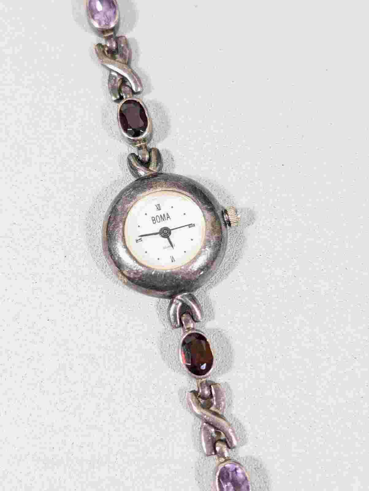 Vintage BOMA Sterling Silver Garnet Amethyst Blue Topaz Gemstone Tennis Watch