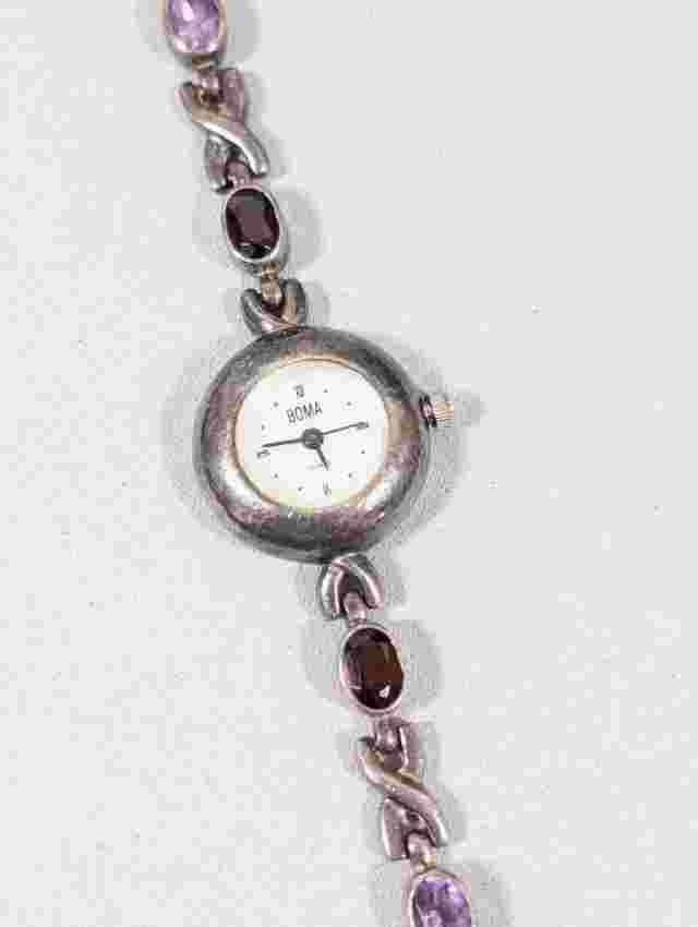 Vintage BOMA Sterling Silver Garnet Amethyst Blue Topaz Gemstone Tennis Watch