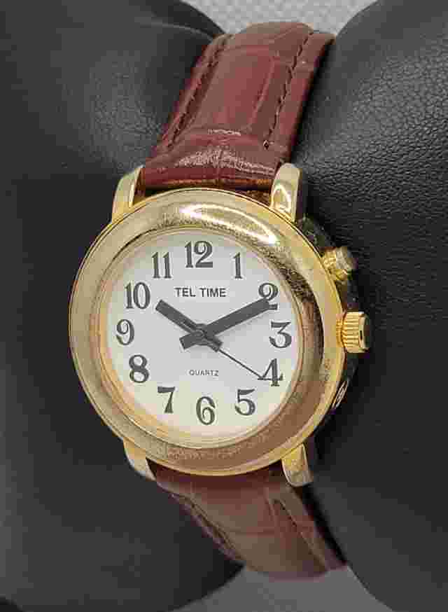 Unisex Tel Time Round Gold Tone White Dial Brown Band Analog Watch M9908 I8