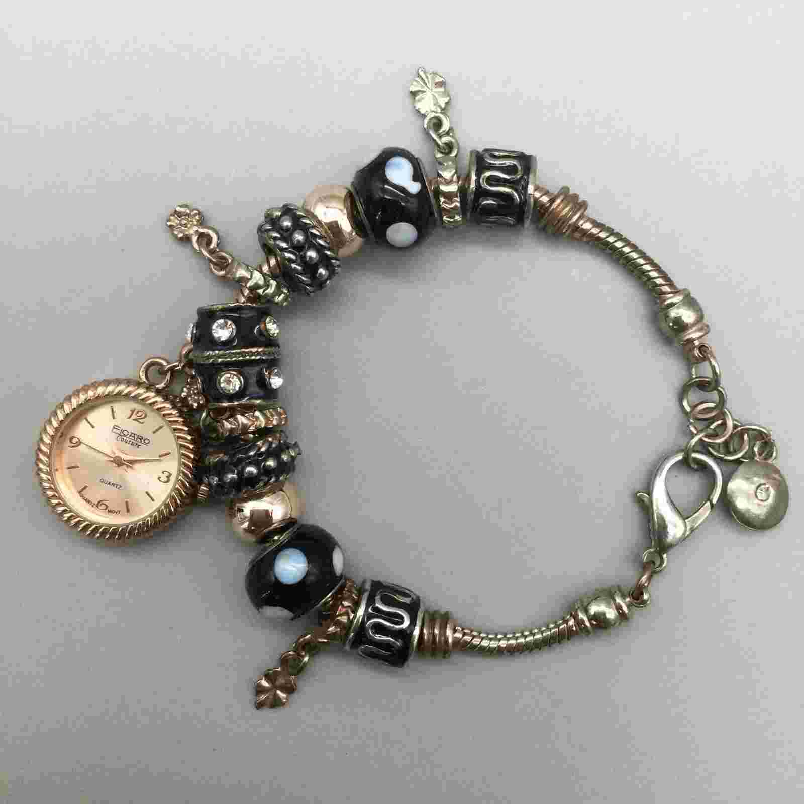 Figaro Couture Watch Women Rose Gold Tone Black Slide Charm Band New Battery