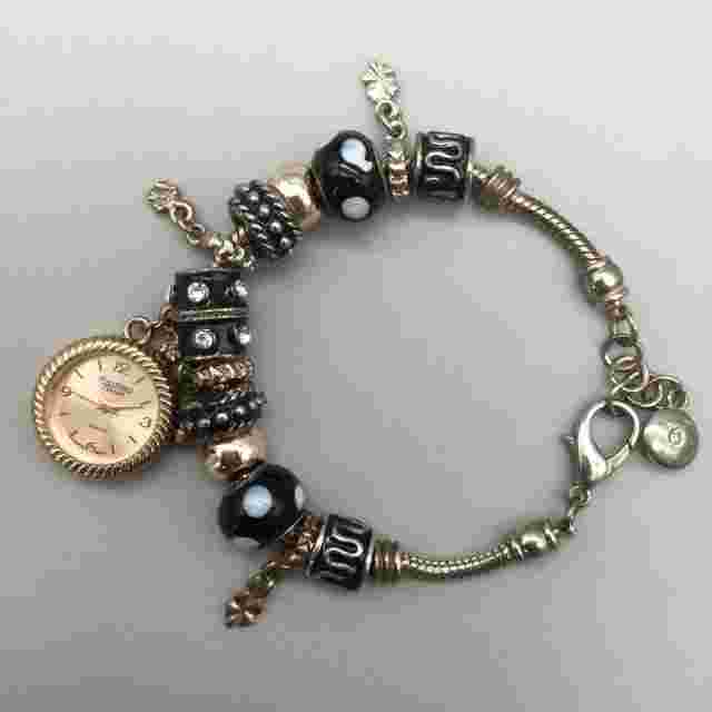 Figaro Couture Watch Women Rose Gold Tone Black Slide Charm Band New Battery