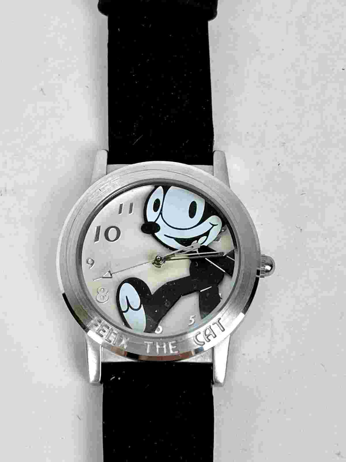 Felix the Cat Productions Vtg Watch, silver tone, engraved, black band, with box