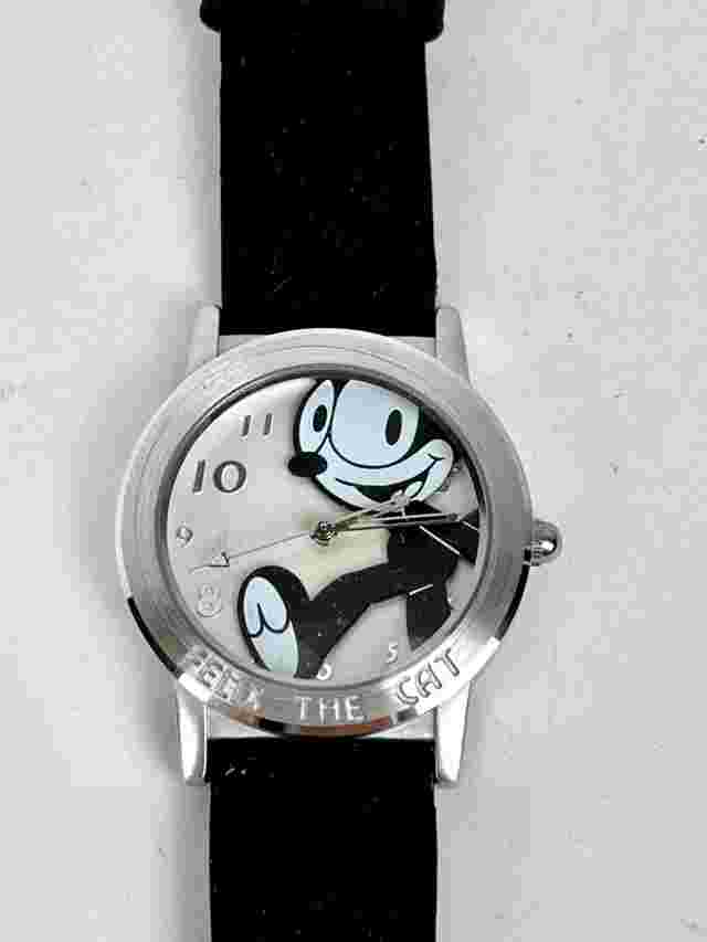 Felix the Cat Productions Vtg Watch, silver tone, engraved, black band, with box