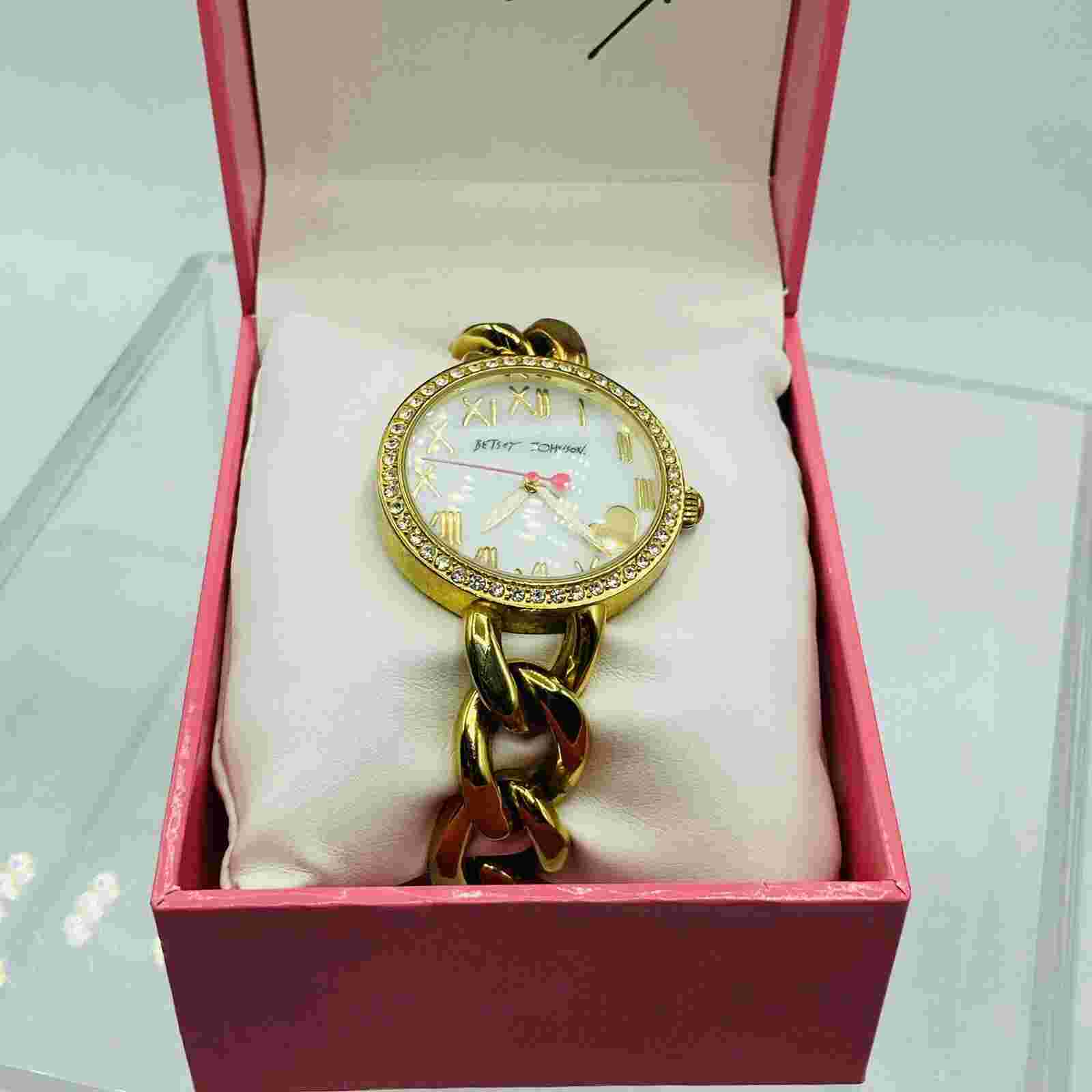 Betsey Johnson Watch White Face Gold Heart Rhinestones Gold Tone Link Band