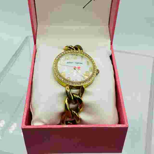 Betsey Johnson Watch White Face Gold Heart Rhinestones Gold Tone Link Band